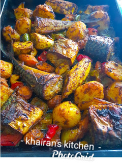 Grilled mackerel fish and vegetables ainihin hoton girkin