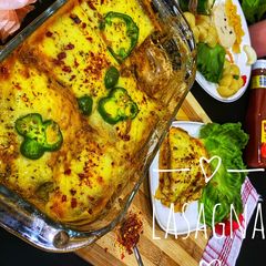 A picture of Leftover dum keema lasagna.
