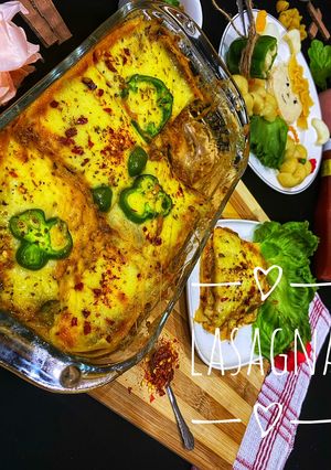 A picture of Leftover dum keema lasagna.