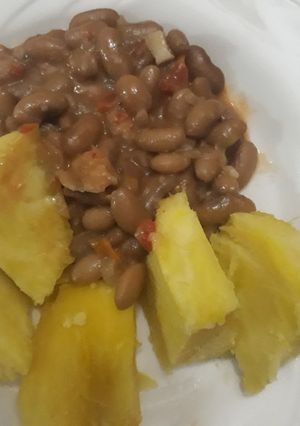 A picture of No wheat, No dairy Coconut beans and boiled sweetpotatoes.
