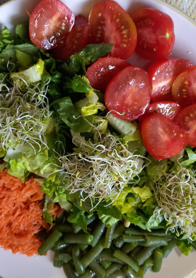 Una foto de Ensalada variada con brotes de alfalfa y brócoli