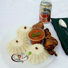 A picture of Snow rice with chicken soup.