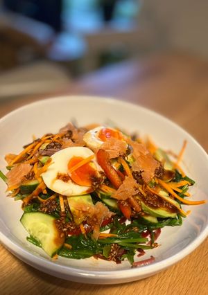 A picture of Spinach and avocado Goma-ae salad.