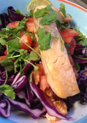 A picture of Oven-Roasted Salmon and Red Cabbage Salad.