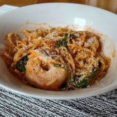 A picture of Leftover Spaghetti with Shrimp and Vodka Sauce.