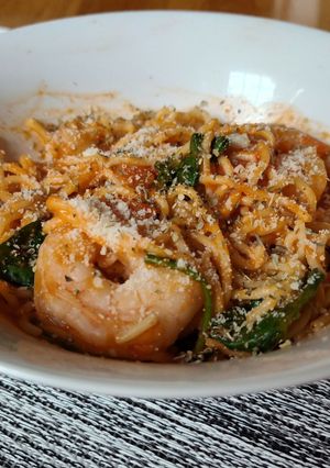 A picture of Leftover Spaghetti with Shrimp and Vodka Sauce.