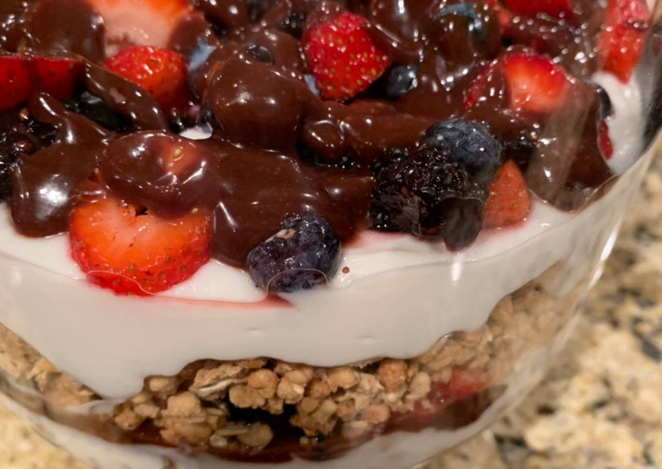 Yogurt, Granola, Fruit & Fudge Christmas Delight