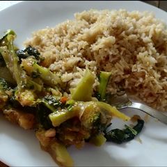 A picture of Stir fried Broccoli with Brown Rice.