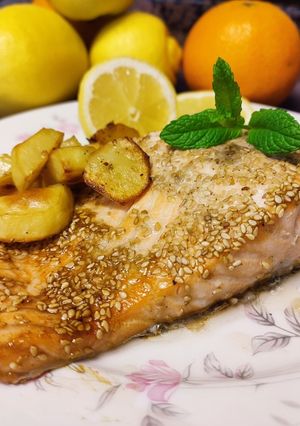 A picture of Baked Salmon in Teriyaki Sauce with Sesame Seeds.