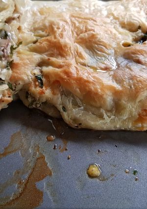 A picture of Three cheese, mushroom and onion roll.
