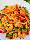 Spicy Yaki Udon- Stir Fried Udon with Shrimp and Vegetables