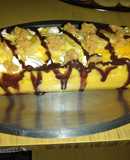 Postre con flan, plantillas y duraznos en almíbar