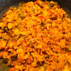 A picture of Stir fry Brussels sprouts with prawns.