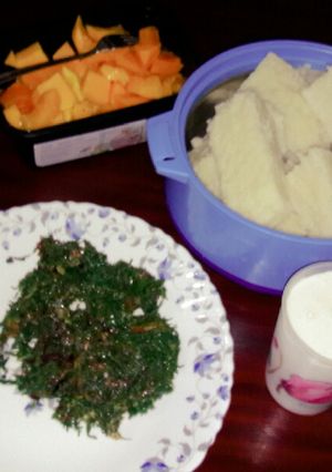 A picture of Ugali kale with maziwa mala.