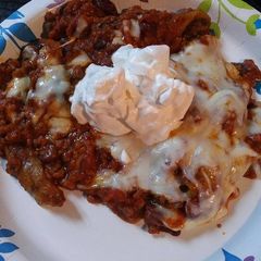A picture of Eggplant Chili-Fries or Chili over Fried Eggplant.