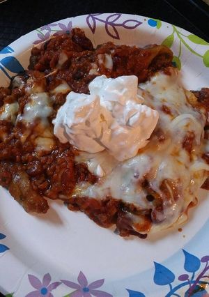A picture of Eggplant Chili-Fries or Chili over Fried Eggplant.