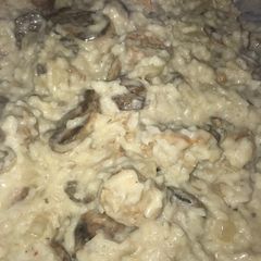 A picture of Spicy turkey sausage mushroom and rice skillet.