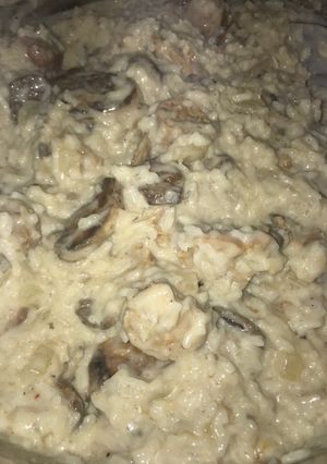 A picture of Spicy turkey sausage mushroom and rice skillet.