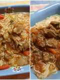 Carne guisada con arroz y con cabellos de ángel