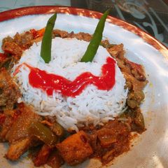 A picture of Shashlik🍛 with white rice🍚.