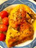 Pollo Asado con Patatas Finas Especiadas en Salsa de Mantequilla, Limón y Vino con Cherrys