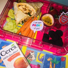Sweet chilli chicken wrap and heart shaped cucumbers#mylunchboxideas A picture of Sweet chilli chicken wrap and heart shaped cucumbers#mylunchboxideas.