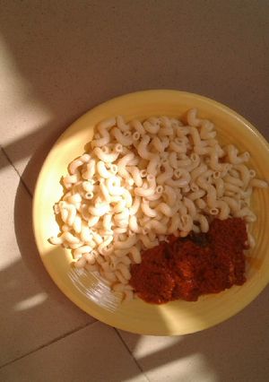 A picture of Macroni and chicken stew.