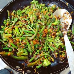 Pan fried broccoli and fresh beans A picture of Pan fried broccoli and fresh beans.