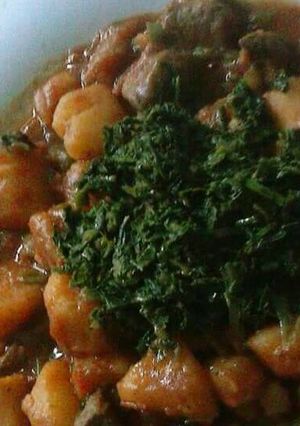 A picture of Matoke and Irish Potatoes with meat and Authentic mixed vegetabl.