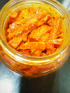 A picture of Gajar ka achar/ carrot pickle.