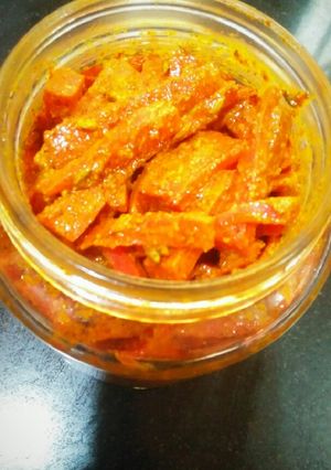 A picture of Gajar ka achar/ carrot pickle.
