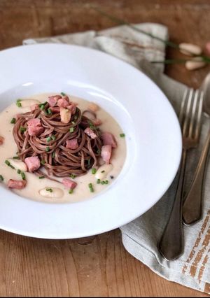 Foto di Tagliolini al cacao, crema di fagioli e pancetta(Monica Bergomi)