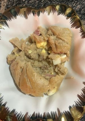 A picture of Moi moi / egg sausage and minced beef.