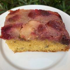 A picture of Pear, plum and strawberry pudding.