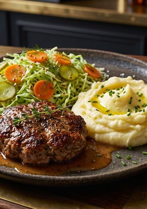 Una foto de 🍔 Hamburguesa Fit al Plato con Puré y Ensalada