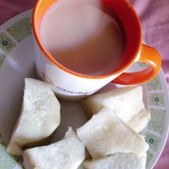 A picture of Sweet potatoes and tea.
