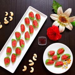 A picture of Watermelon-shaped Kaaju Sweets.