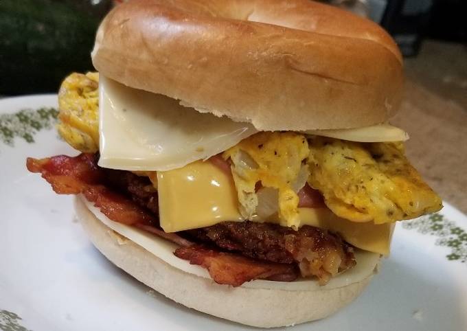 Recipe: Delicious Four Meat, Four Cheese Bagel Breakfast Sandwich