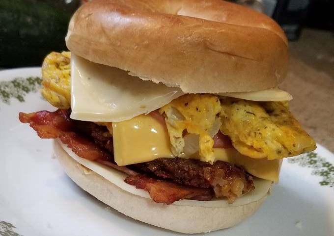 Four Meat, Four Cheese Bagel Breakfast Sandwich