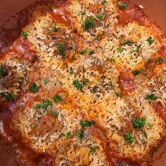 A picture of Roasted Red Pepper Porcupine Meatballs.