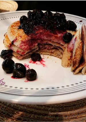 A picture of Pancakes with blueberry compote.