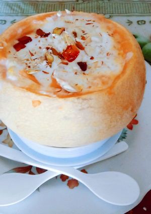 A picture of Healthy tasty musk melon dry fruit milk shake.