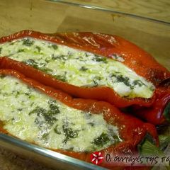 A picture of Bull's horn peppers stuffed with feta cheese.