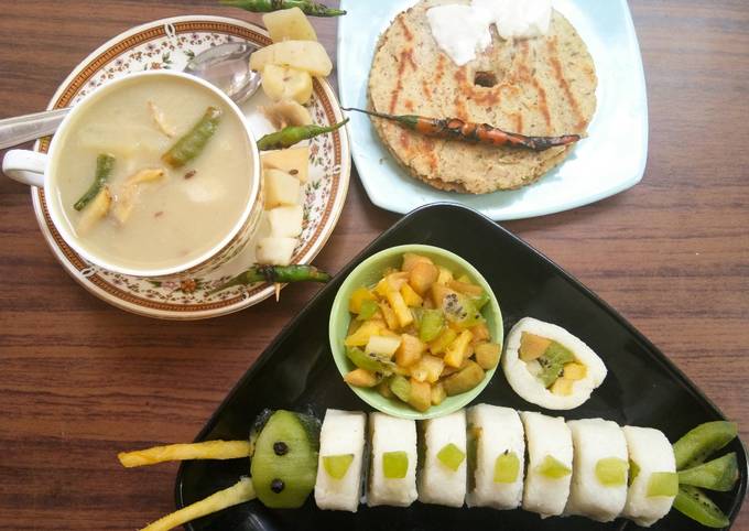 Steps to Make Perfect 5-Root vegetable soup, Jack fruit seed Thalipeeth, Frushi with salad