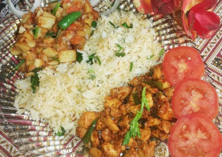 Recipe of Speedy Soya chicken with Coriander rice and potato bhujiya