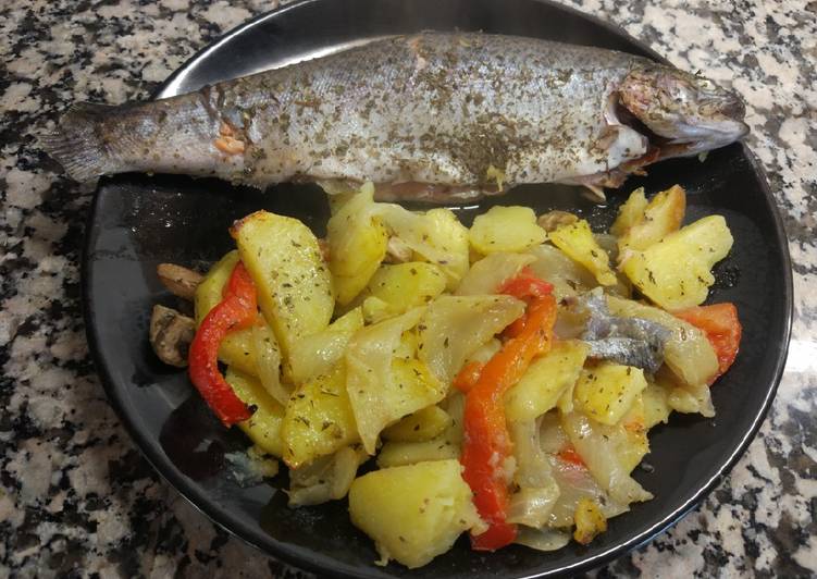 Receta de trucha al horno con jamon y patatas