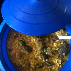 A picture of Brinjal and moong dal curry.