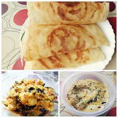 A picture of Dosa with Potatoes stuffing and coconut chutney.