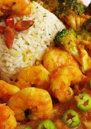 Une photo de Riz avec crevette et brocoli