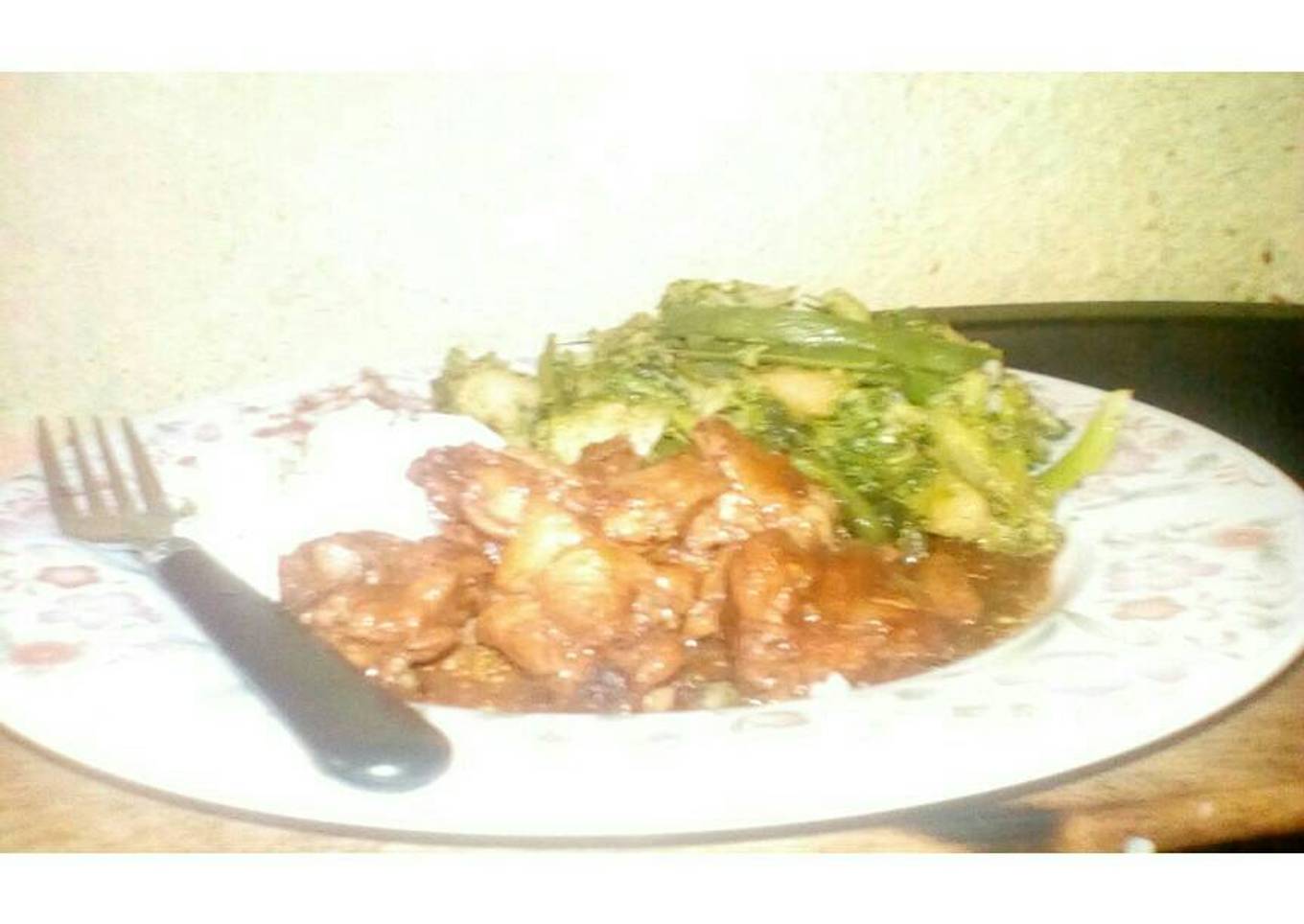 Pollo agridulce, con brócoli y ejote al vapor